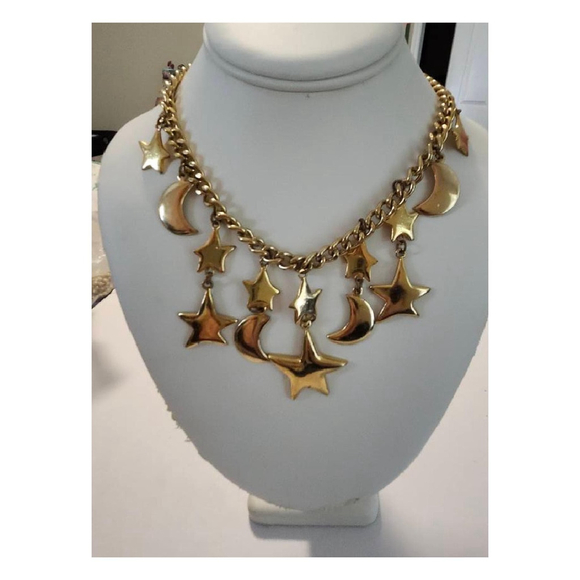 Junkyard Blonde Vintage Jewelry - Vintage Moon and Stars Charm Bib Necklace, Runway Piece